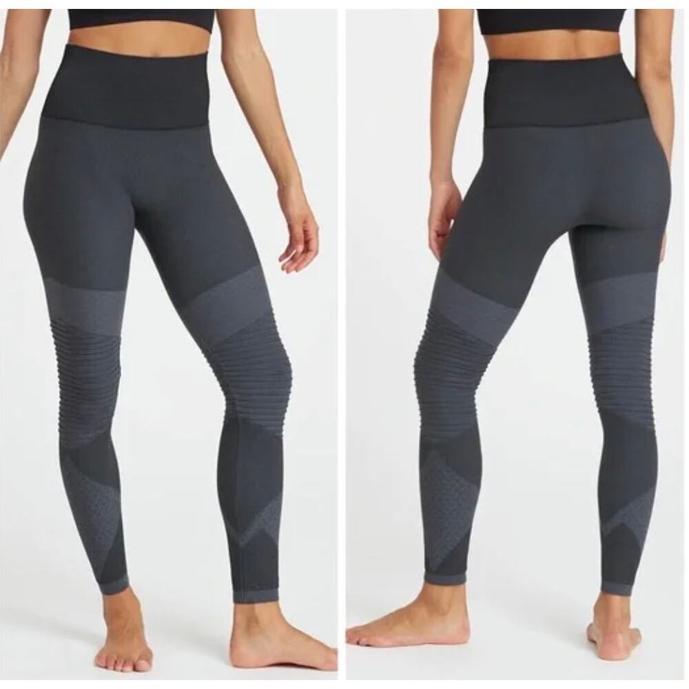 Spanx Seamless Leggings Large Look At Me Now Black Gray High Rise Textured